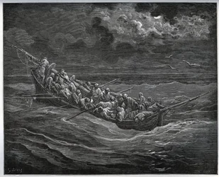 Escape of Zoraide med fången i båten full av flykter från Alger till Spanien - från "Don Quixote de la Mancha"" av Miguel Cervantes (1547-1616) (Don Quijote) - Träsnitt efter teckning av Gustave Dore