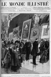 Utställning av Gustave Dore (1832-1883), fransk illustratör och målare, i bokhandelskretsen. Gravyr i ""The Illustrous World""