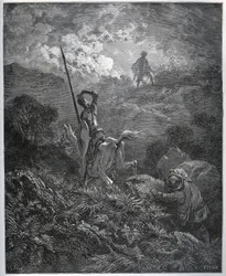 Första uppenbarelsen av Deguenille-de-la-Malaise-gruvan - från "" Don Quixote de la Mancha"" av Miguel Cervantes (1547-1616) (Don Quijote) - Träsnitt efter teckning av Gustave Dore