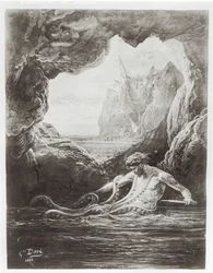 Gilliatt kämpar med den jättelika bläckfisken, illustration ur 