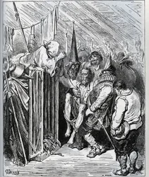 Hur man blir av med Don Quijote. Folket i hotellbutiken bestämde sig för att låsa in honom genom att få honom att tro på en ny förtrollning och ett nytt ridderligt test - från "Don Quixote de la Mancha" av Miguel Cervantes (1547-1616) (Don Quijote) - Träsn
