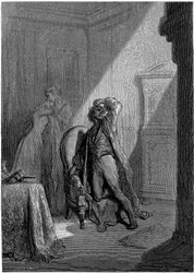 Illustration av Gustave Dore (1832-1883) till Edgar Allan Poes novell "Korpen" (The Raven). Denna serie fullbordades av Dore 1883, året för hans död, och är därför ett av hans senaste verk -