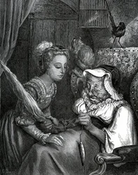 Illustration av Gustave Dore till en saga av Charles Perrault: Törnrosa. Prinsessan ska sticka sig på en gammal kvinnas katsvans som springer iväg i spindeln.