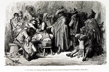 Illustration genom att föreställa "Captain Fracasse" en fiktiv karaktär av Theophile Gautier (gravyr)