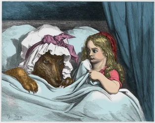 Illustration till "Den lilla rödluvan", saga av Charles Perrault (1628-1703). Gravyr av Gustave Dore (1832-1883).