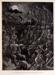 Illustration av riddare i strid under en månbelyst kväll.