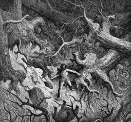 Illustration av "" Den rasande Roland "" (Orlando Furioso) av Ludovico Ariosto (Arioste) (1474 - 1533): Roland, fullständigt rasande, förstör skogen och djuren. Ill. av Gustave Doré. Chant 24