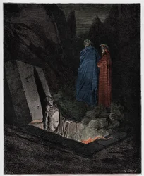 Inferno, sång 10: Farinata degli Uberti tilltalar Dante, illustration ur ”Den gudomliga komedin” av Dante Alighieri, 1885