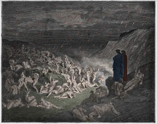 Inferno, Canto 14 : De våldsamma, plågade i eldregnet, illustration från "Den gudomliga komedin" av Dante Alighieri