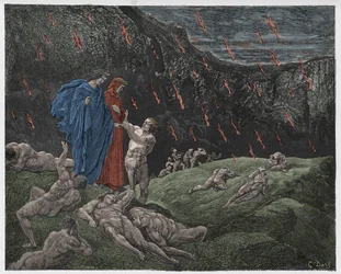 Inferno, sång 15: Brunetto Latini tilltalar Dante, illustration ur "Den gudomliga komedin" av Dante Alighieri, 1885
