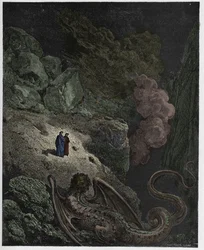 Inferno, sång 17: Geryon, symbol för bedrägeri, illustration ur "Den gudomliga komedin" av Dante Alighieri, 1885