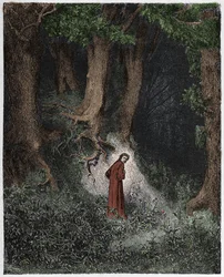 Inferno, Canto 1: Dante i den vilda skogen, illustration från "Den gudomliga komedin" av Dante Alighieri, 1885