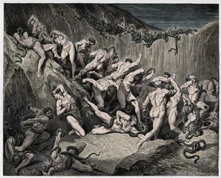 Inferno, sång 24: Tjuvarna plågade av ormar, illustration ur ”Den gudomliga komedin” av Dante Alighieri, 1885
