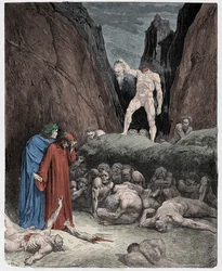Inferno, Canto 28 : Bertran de Borns avhuggna huvud talar till Dante, illustration från "Den gudomliga komedin" av Dante Alighieri