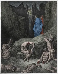 Inferno, sång 29: Vergilius tillrättavisar Dantes nyfikenhet, illustration ur «Den gudomliga komedin» av Dante Alighieri, 1885