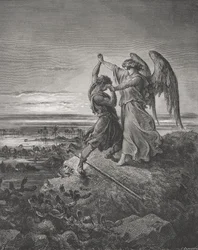 Jakob brottas med ängeln, Första Moseboken 32:24-32, illustration ur Dorés ”Den heliga bibeln”, graverad av Laplante, 1866