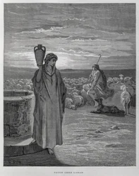 Jakob ser Rakel vid brunnen i Labans hem, Illustration från Dore-bibeln