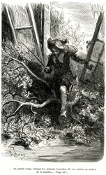Jacquemin Lampourde, med pistolen i handen, kom till en punkt i striden. Gravyr av Gustave Dore som illustrerar Theophile Gautiers pikareskroman om cape och epee "Le capitaine Fracasse", edition Charpentier 1863.