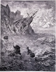 Jag korsar haven... tallrik X - Illustration av Gustave Dore (1832-1883), för La legende du Jeif wandering av Pierre Dupont, upplaga Librairie du Magasin Picturesque, Paris 1862
