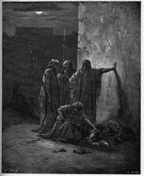 Jehus följeslagare hittar resterna av Jezebel”” - trästick i Bibeln av Gustave Dore - Jehus följeslagare hittar Jezabels huvud och extremiter - gravyr i ”The Bible illustree” av Gustave Dore (1832-1883) - Gravyr från ”” The Dore Bible ””