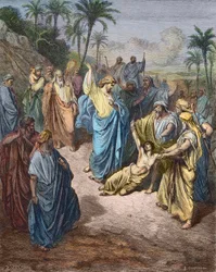 Jesus Kristus kämpar mot en ung besatt av demonen - Jesus helar galningen - Färggravyr efter Gustave Dore.