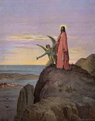 Jesus i öknen, utsatt för djävulens frestelse - Kristi frestelse - Satan frestade Jesus - gravyr av Gustave Doré - senare kolorerad