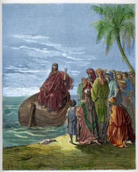 Jesus predikar vid Gennesarets sjö (Genesareth, Ginosar eller Kinneret) (Tiberias sjö) (Galileiska sjön) - Jesus predikar vid Galileiska sjön - gravyr i ”Den illustrerade Bibeln” av Gustave Doré (1832-1883) - gravyr ur ”Dorés bibel”