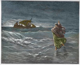 Jesus går på vattnet i Tiberiadesjön - Jesus går på havet (vatten) - gravering i "" The Bible illustree"" av Gustave Dore (1832-1883) - Gravyr från "" The Dore Bible""