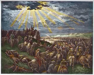 Joshua Commanding the Sun to Stand Still - Josue arrete le soleil - gravyr i "The Bible illustree" av Gustave Dore (1832-1883) - Gravyr från "" The Dore Bible""