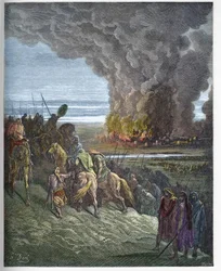 Joshua bränner staden Ai - Erövringen av staden Ai (Hai) av Josue (Josue Book to Flames the City of Ai) - gravyr i "" The Bible illustree"" av Gustave Dore (1832-1883) - Gravyr från ""The Dore Bible""
