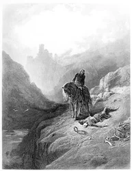 Kung Arthur upptäcker brödernas skelett, illustration från "Kungens idyller" av Alfred Tennyson (litografi)