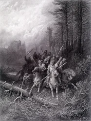 King Arthur in the Broceliande Forest (Cycle of the Knights of the Round Table) - i "" Viviane"" av Alfred Tennyson, illustration av G. Doré
