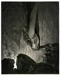 Helvetet (Den gudomliga komedin) av Dante Alighieri, illustrerad av Gustave Doré. Hachette-utgåva 1861. Fransk översättning av Pier-Angelo Fiorentino. Och Vägvisaren, som såg mig så uppmärksam, sade: ”I eldarna finns andarna; var och en sveper in sig i
