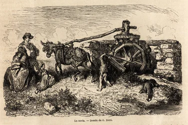 La noria, en hydraulisk maskin för att höja vattennivån med hjälp av energin som produceras av strömmen, ritning av Gustave Dore (1832-1883), för att illustrera hans resa till Spanien, med C. Davillier, 1862. Gravyr i "" Le tour du monde "", redigerad av E