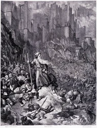 Striderna, plåt IX - Illustration av Gustave Dore (1832-1883), för La legende du Jeif wandering av Pierre Dupont, upplaga Librairie du Magasin Picturesque, Paris 1862