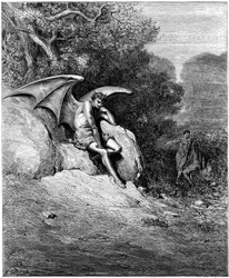 Lucifer (Satan, fallen ängel, fallen från himlen till jorden), avbildad när han förleder Adam och Eva. Illustration av Gustave Doré till John Miltons (1608-1674) "Det förlorade paradiset". Gravyr från 1866. Privat samling