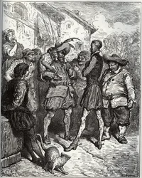 Maese Pedro och den spådomsapen - från "Don Quixote de la Mancha" av Miguel Cervantes (1547-1616) (Don Quijote) - Träsnitt efter teckning av Gustave Dore