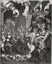 Maese Pedros dockteater - från "Don Quixote de la Mancha" av Miguel Cervantes (1547-1616) (Don Quijote) - Träsnitt efter teckning av Gustave Dore