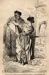 Man och kvinna av folket har fontänen, i Carmona, by nära Sevilla. Skiss tagen live av Gustave Dore (1832-1883). Gravyr för att illustrera resan i Spanien, 1862 av Charles Davillier och Gustave Dore, i "Le tour du monde, nouveau