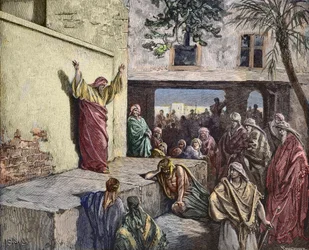 Micah, den moreshitiske profeten som predikar för israeliterna, gravyr av Gustave Dore - "Profeten Michee uppmanar Israels folk till ånger"" Gravyr från 
