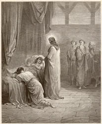 Mirakel: Jesus Kristus botade Jairus dotter. Gravyr ur Bibeln illustrerad av Gustave Doré (1832-1883)