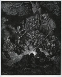 Nattljus där Don Quijote berättar historien om världen för getterna och en Sancho Panza - från "Don Quixote de la Mancha" av Miguel Cervantes (1547-1616) (Don Quijote) - Träsnitt efter teckning av Gustave Dore