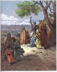 Noa driver bort Ham - Noa förbannar Ham - Chams förbannelse - Patriarken Noa förbannar sin sonson Kanaan för ett misstag som hans far Cham begick på berget Ararat - gravyr i «The Bible Illustrée» av Gustave Doré (1832-1883) - gravyr ur «The Dor»