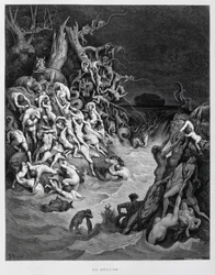 Noa och hans ark flyr när den stora översvämningen omsluter jorden, Illustration från Dore-bibeln
