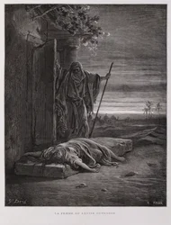 Upprördhet i Gibeah, leviten bär bort sin döda konkubin, Illustration från Dore-bibeln