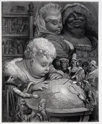 Pantagruel följer en kurs i geografi - i "" Gargantua"" av Rabelais, ill. Gustave Dore