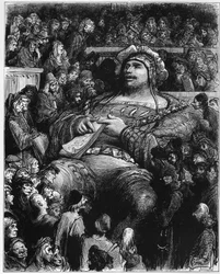Pantagruel testar sin själ mot de parisiska forskarna - illustration från "Gargantua och Pantagruel", av Francois Rabelais - gravyr av Gustave Dore (1832-1883)