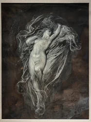 Paolo och Francesca da Rimini i helvetet, före 1861 (tuschtvätt och vit tempera på brunt tonat papper)