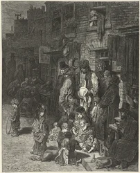 Människor som står och sitter utanför sina hus, på en gata, från "London: a pilgrimage", av William Blanchard Jerrold