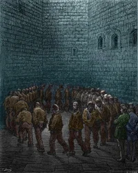 Fångar som går runt på gården till Westgate-fängelset i London, av Gustave Dore